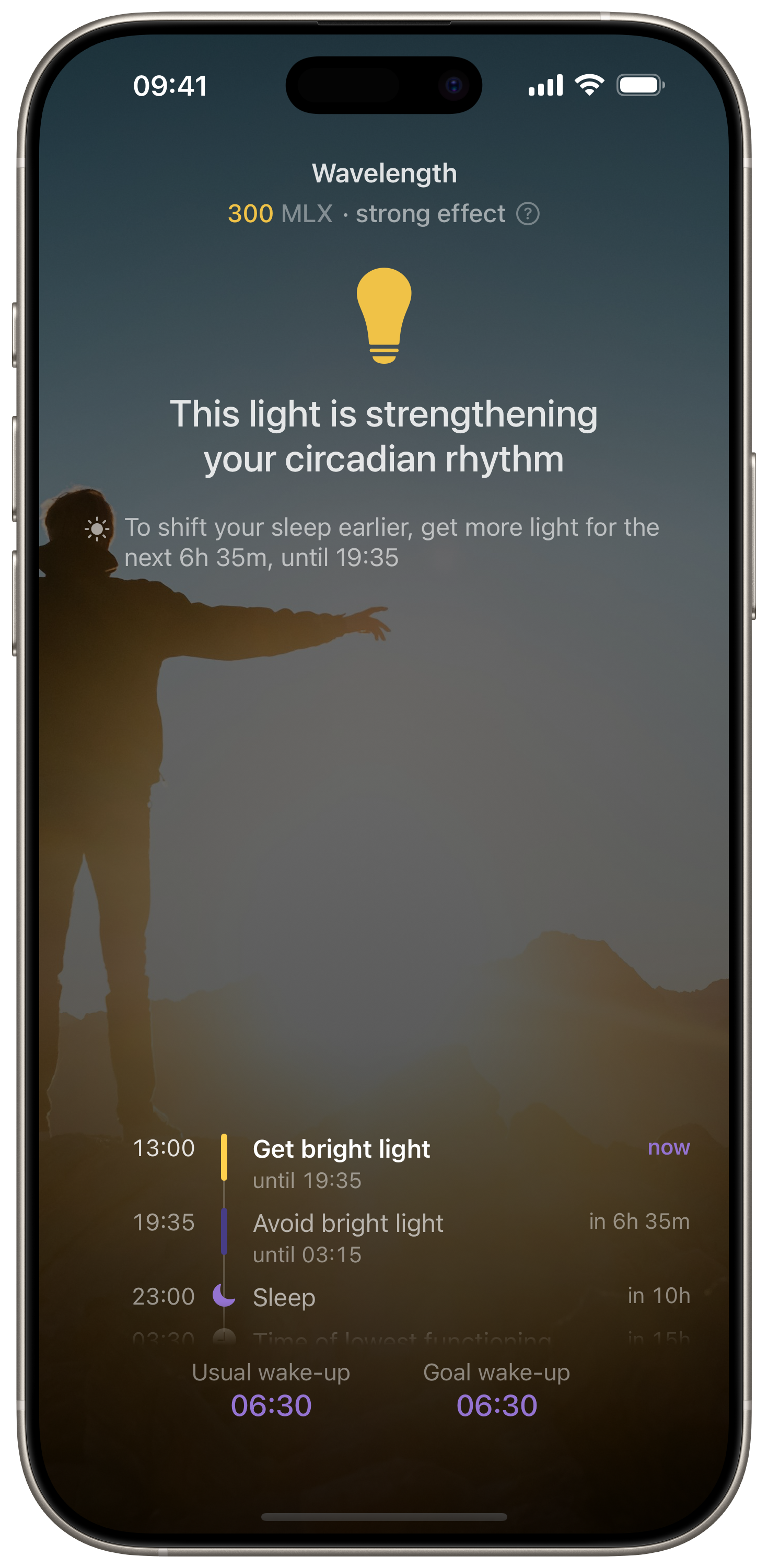 The Wavelength app checking the light around you and saying in plain words that it is good for your body clock