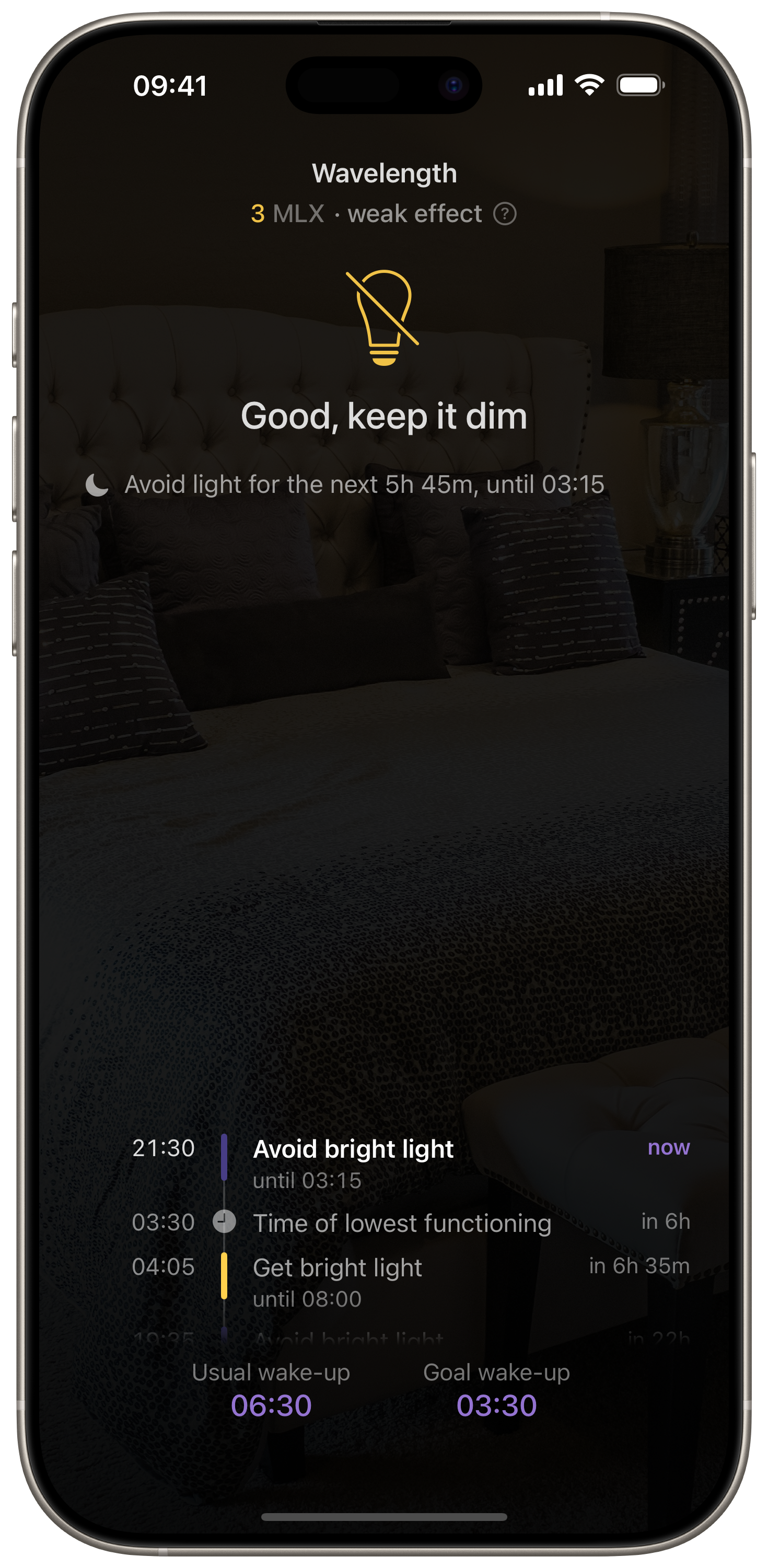 The Wavelength app confirming the room is dark enough to fall asleep