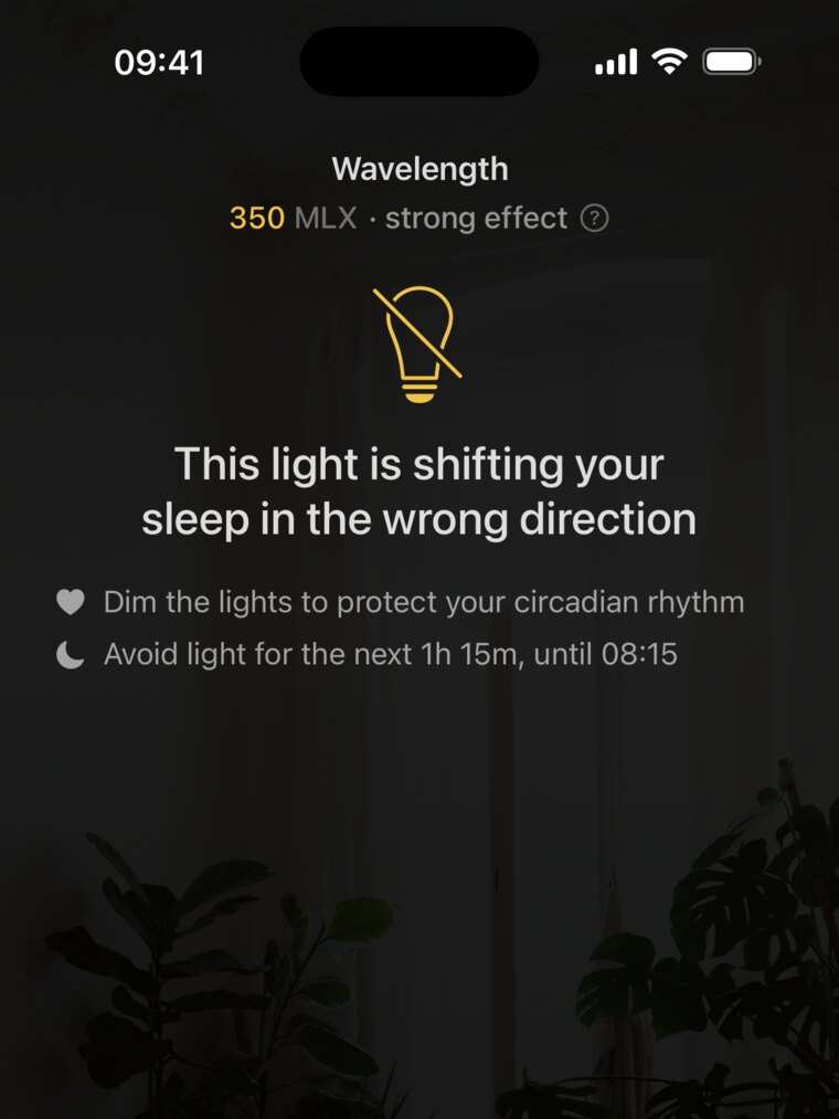 The Wavelength app reading that same room and warning the light is shifting your sleep the wrong way