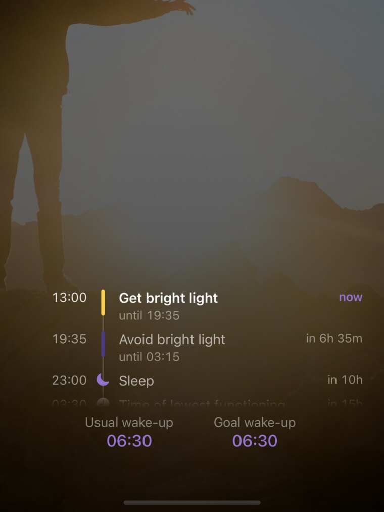 The Wavelength app day planner showing when to get bright light, when to avoid it, and when to sleep