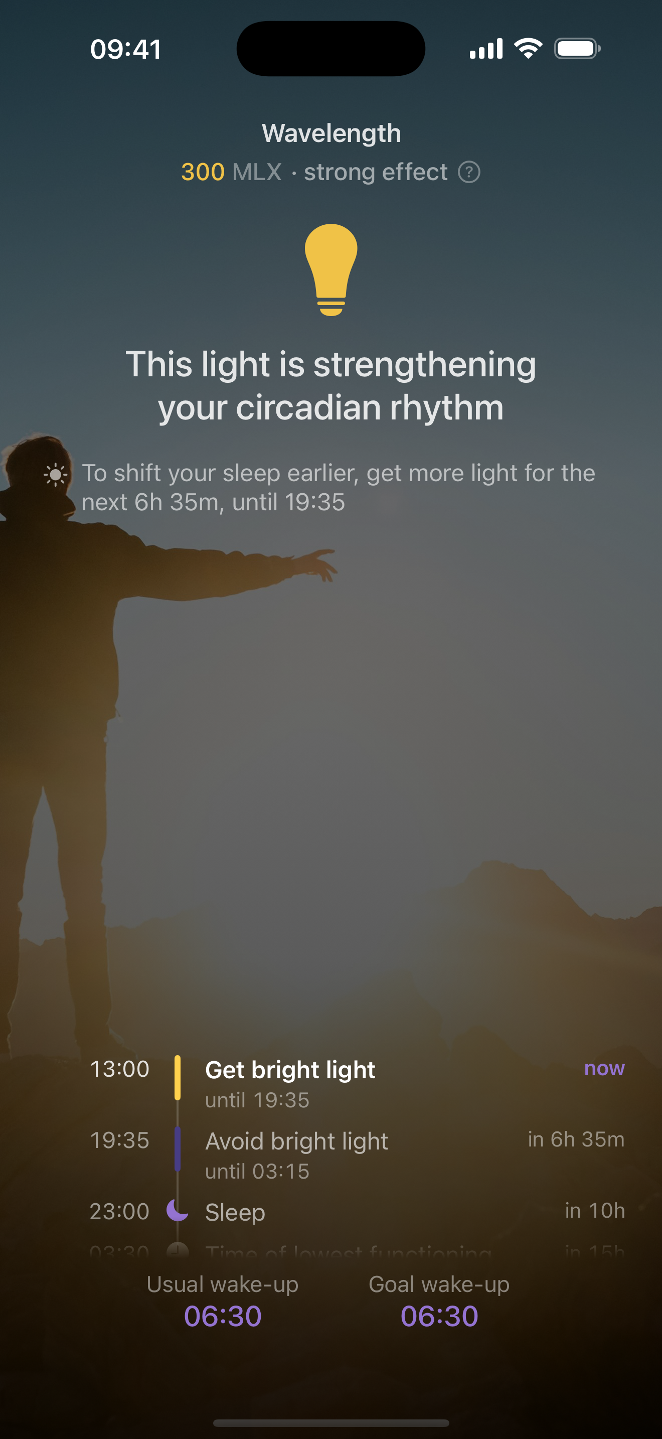 Wavelength on an iPhone showing a 300 melanopic lux daytime reading that is strengthening the circadian rhythm