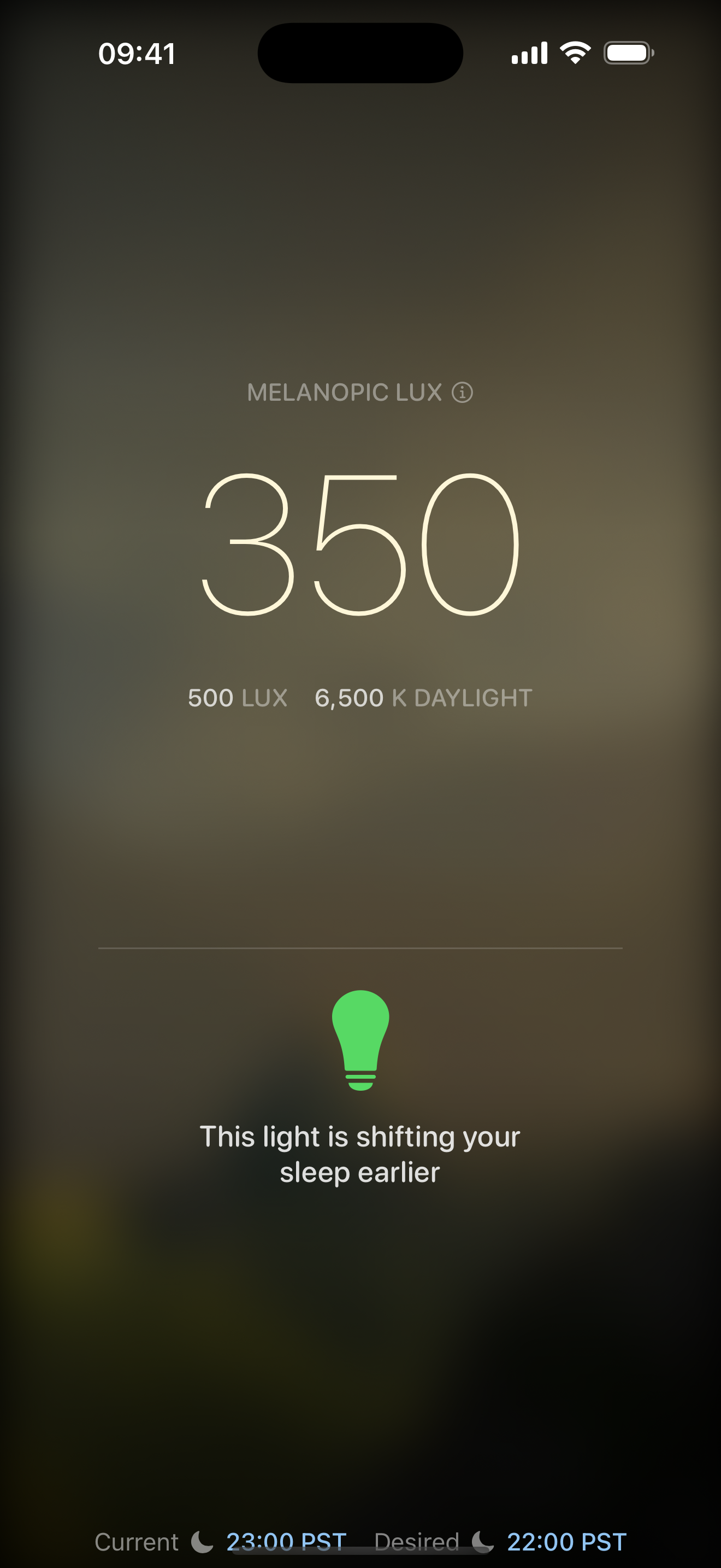 Bright morning reading: 350 melanopic lux, shifting sleep earlier